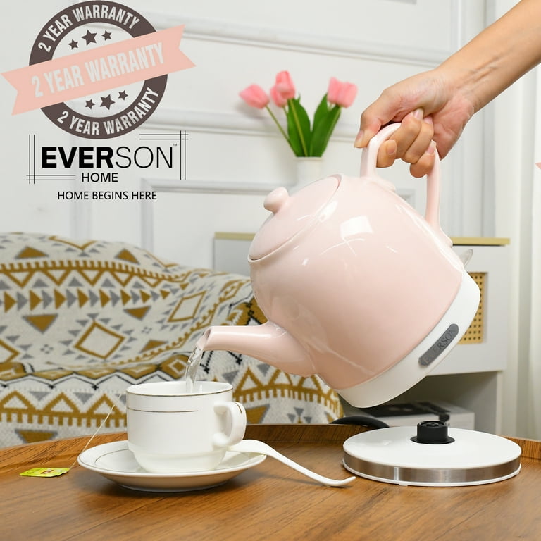 Everson 1.5L Electric Kettle. 100% Ceramic Pink Electric Tea Kettle, Tea  Maker, Hot Water Kettle
