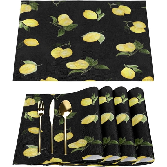 Fresh Watercolor Lemon Placemats Set of 6 Fabric Placemats Square Placemat for Kitchen Table Heat Resistant, Easy to Clean Table Placemats 12x18 Inch