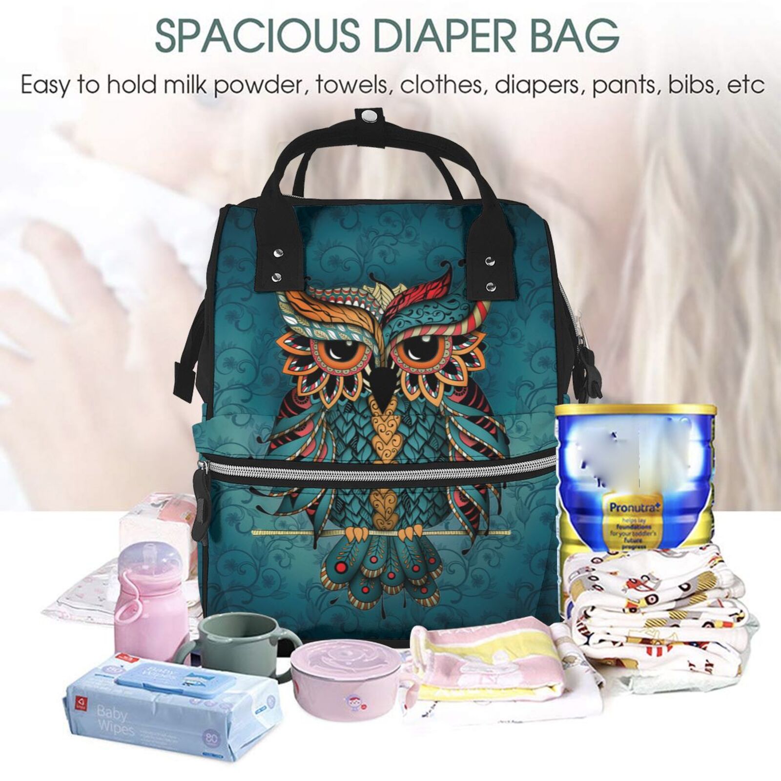 Ratiio Owl In Blue Mummy Backpack - Waterproof Twill Canvas, Large Capacity Diaper Bag with Multiple Pockets and Adjustable Straps