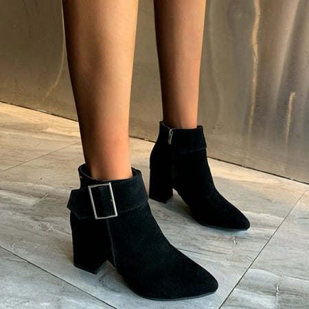 

Midewhik Suede Fashion Thick Boots Heel Women s Ankle Buckle Belt Zipper Pointed women s boots