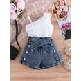 thumbnail image 3 of BemeyourBBs Toddler Baby Girls Summer Outfits Denim 2 Pieces Outfit Baby Girl Summer Clothes Sleeveless One Shoulder Ruffle Tank Vest Tops and Jeans Shorts Set with Belt, 3 of 9