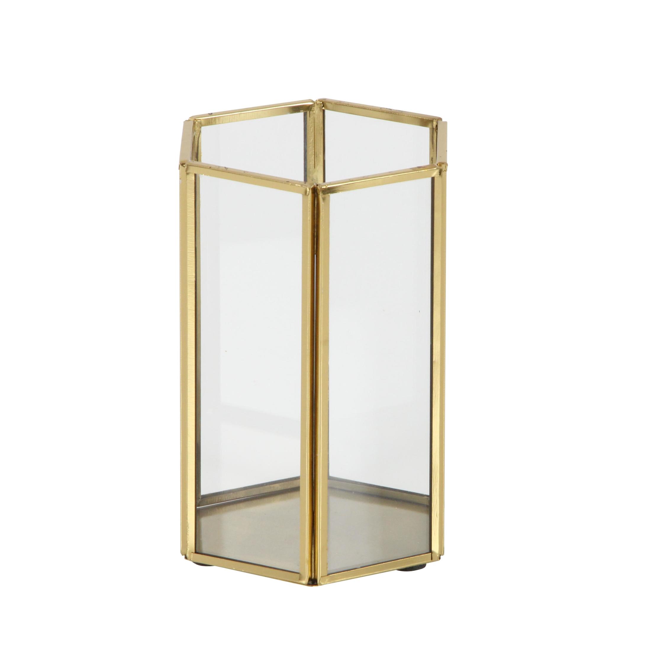 Cosmoliving by Cosmopolitan  Set of 3, 6", 8", 10"H Modern Glass Candle Holder/Lantern with Hexagon Silhouette, Metallic Gold Rims and Transparent Glass Panels