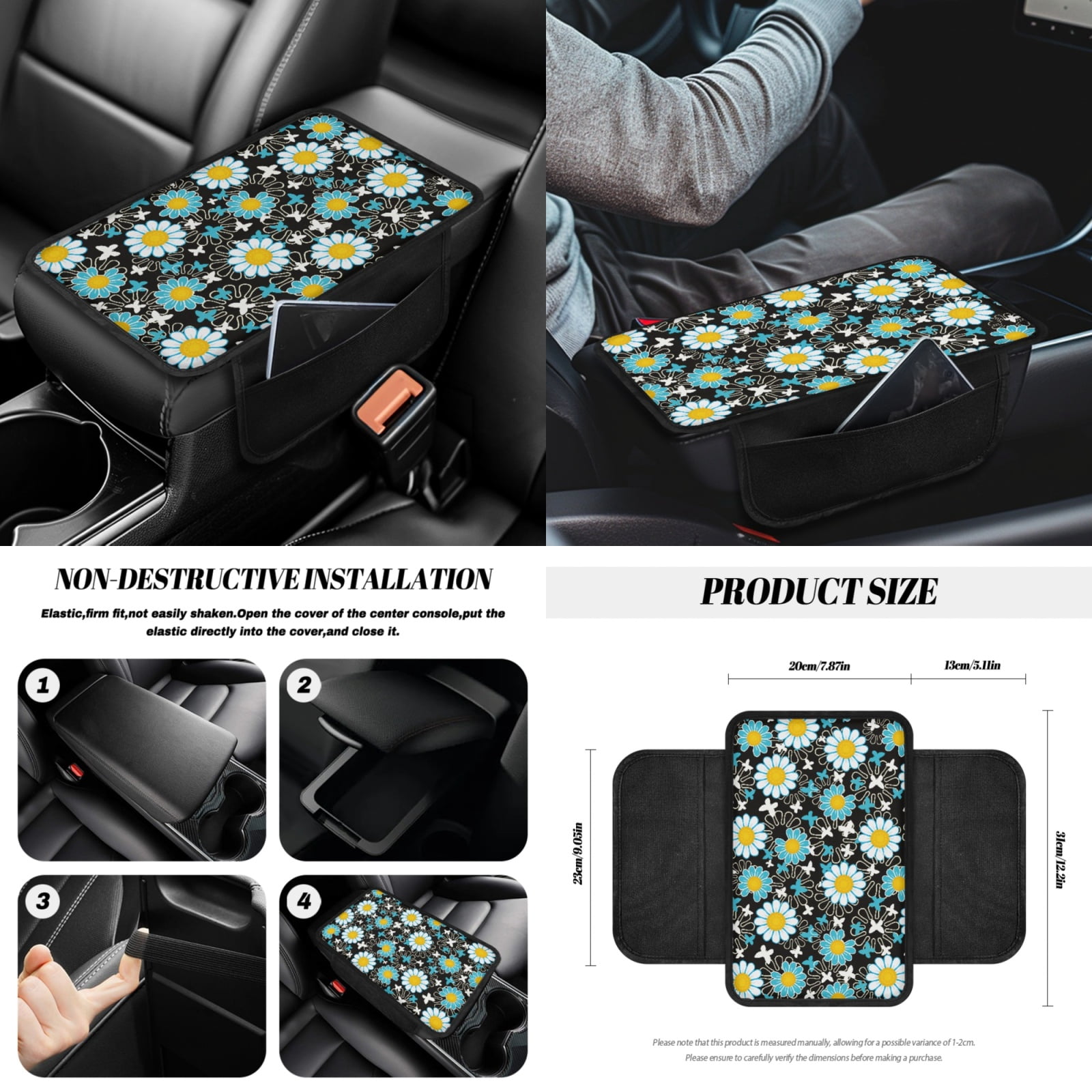 Yuyamidu Blue Daisy Car Seat Covers Full Set Women Steering Wheel Cover Safe Belt Pads Handbrake Cover Set Coasters Garbage Container Rear View Mirror Cover Car Center Console Cover, 14 Pack