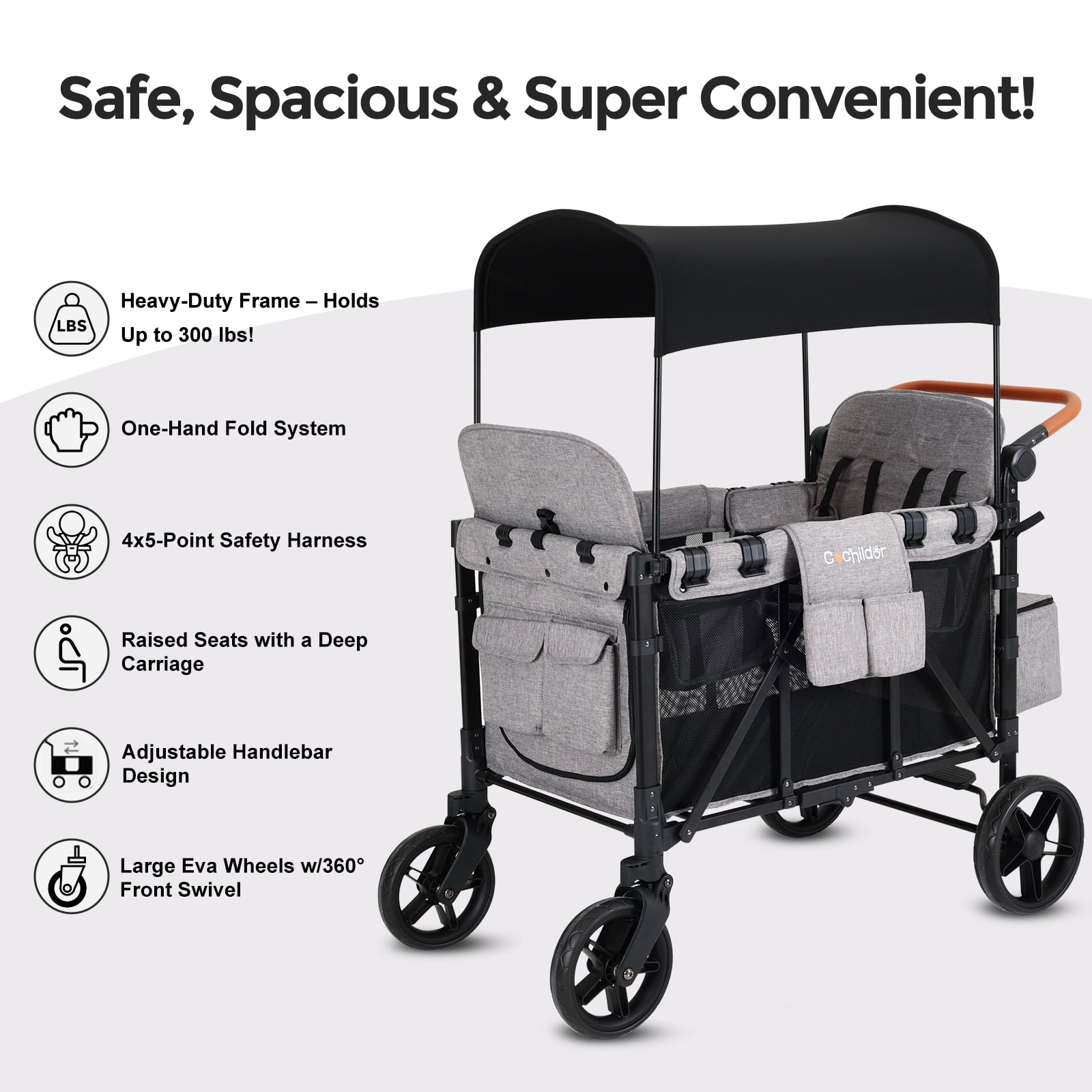 Cochildor Wagon Stroller for 4 Kids, Foldable Stroller Wagon with 5 Point Harness, Removable Canopy, Adjustable Handle Bar, Light Grey