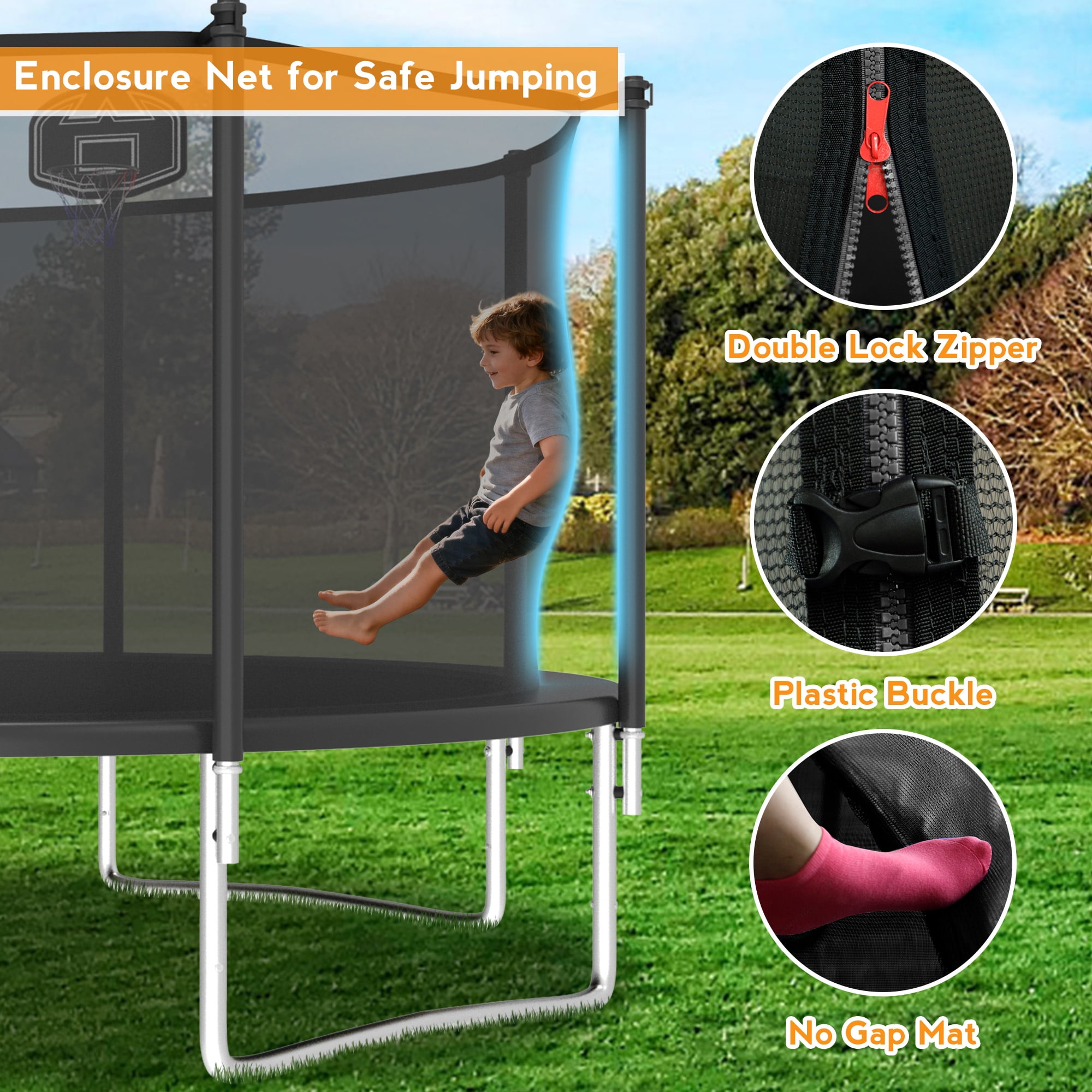 KOFUN 1200LBS 12FT Trampoline for Kids and Adults Outdoor Backyard Trampoline with Safety Enclosure Net, Basketball Hoop, 4 Anchor Kits, Ladder, A Ball, Black