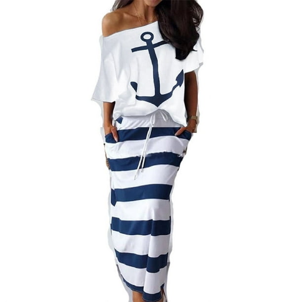 Conjunto de camiseta y falda de manga corta con estampado de ancla de barco de ocio estilo marino