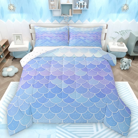 Manfei Sea Animal Bedding Comforter Set,Mermaid Fishtail Twin Comforter Sets,Gradient Purple Blue Bedding Set For Princess,Ultra Soft Home Decor Reversible,2 Pieces