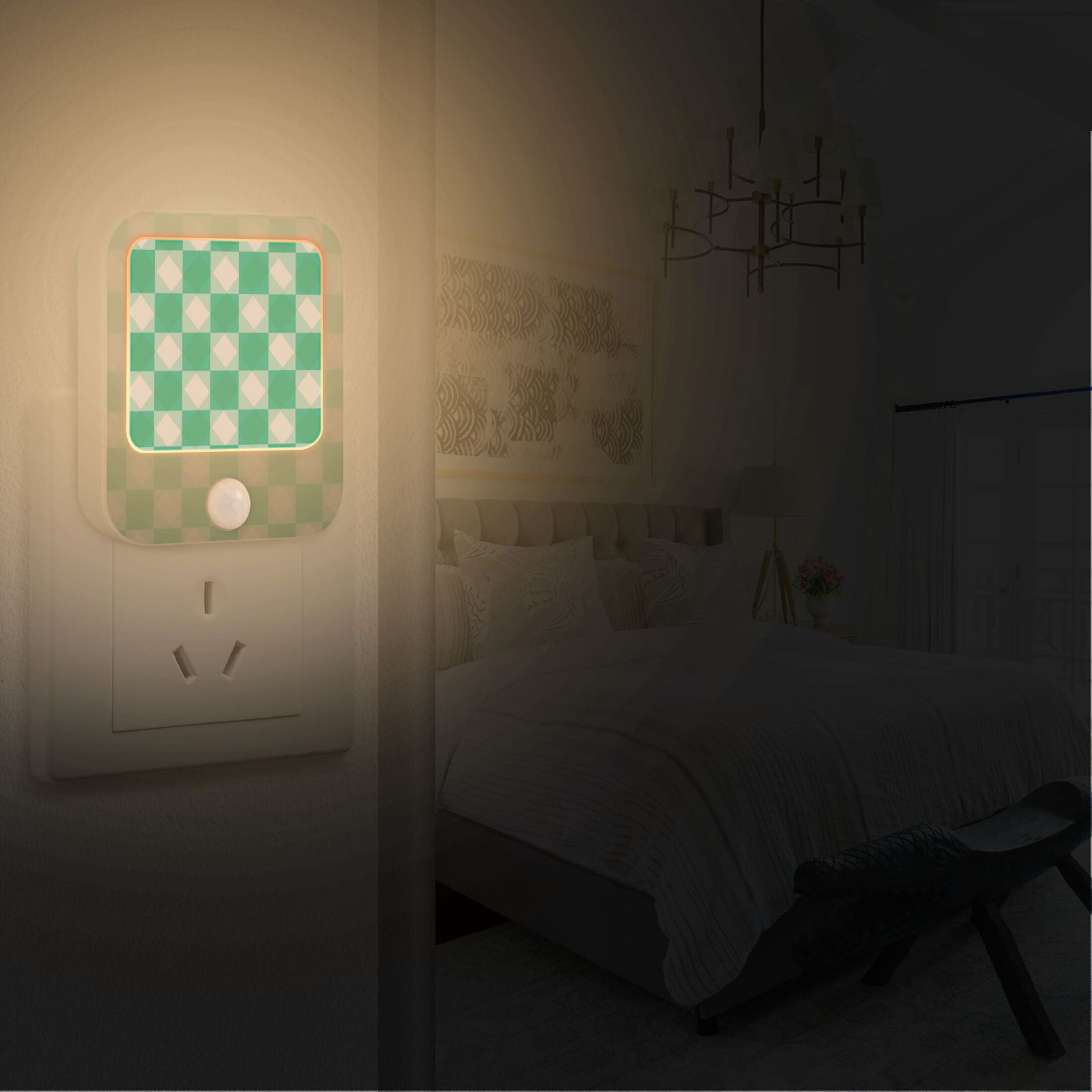 2 Pack LED Sensor Night Light Motion 3 Modes for Stairway Bedroom Living Room Emerald Green Squares