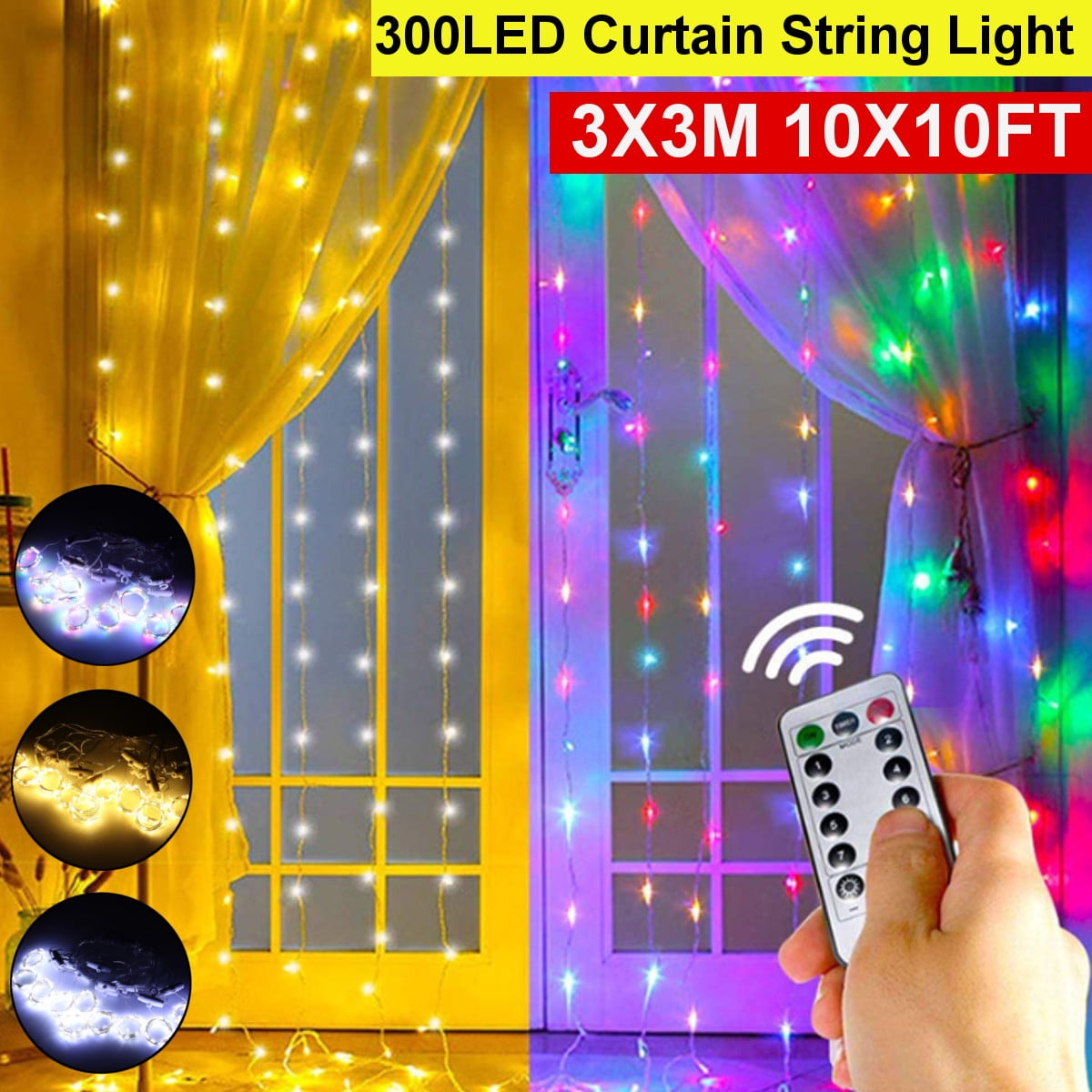 10ft*10ft Window Curtain Lights 8 Modes LED Fariy String Light 300LED USB Supply 