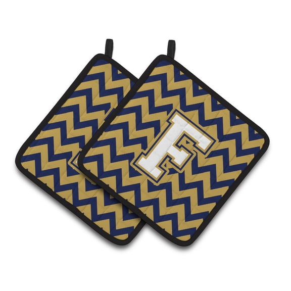 Carolines Treasures CJ1057-FPTHD Letter F Chevron Navy Blue and Gold Pair of Pot Holders, 7.5HX7.5W, multicolor