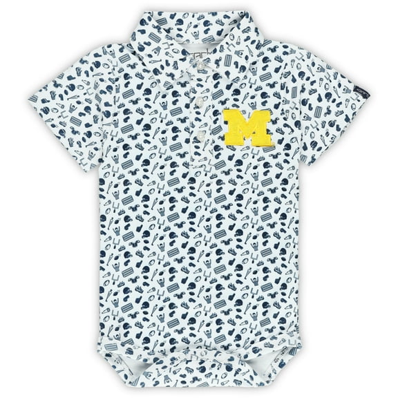 Infant Garb White Michigan Wolverines Tom Allover Print Performance Polo Bodysuit