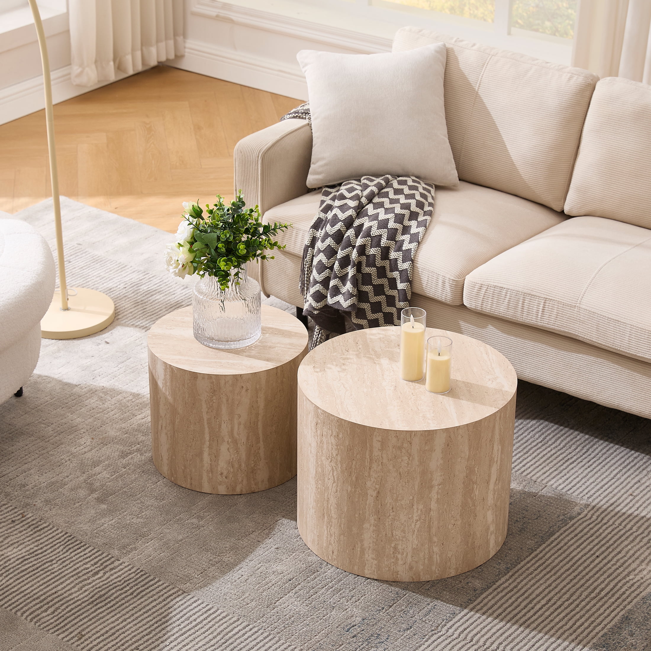 Guyou Nest Coffee Table Set of 2, Modern Wooden Round Coffee Table with Small End Table, Circle Accent Side Table for Living Room Bedroom Balcony, Natural