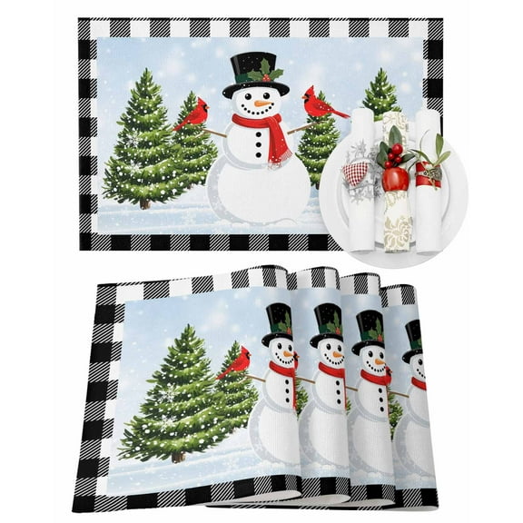 Christmas Snowman Placemats Set of 8 Xmas Tree Cardinal Black White Plaid Heat Insulation Washable Place Mats, Rustic Non-Slip Table Mats for Dining Table Party Kitchen Decor,13x19 Inch