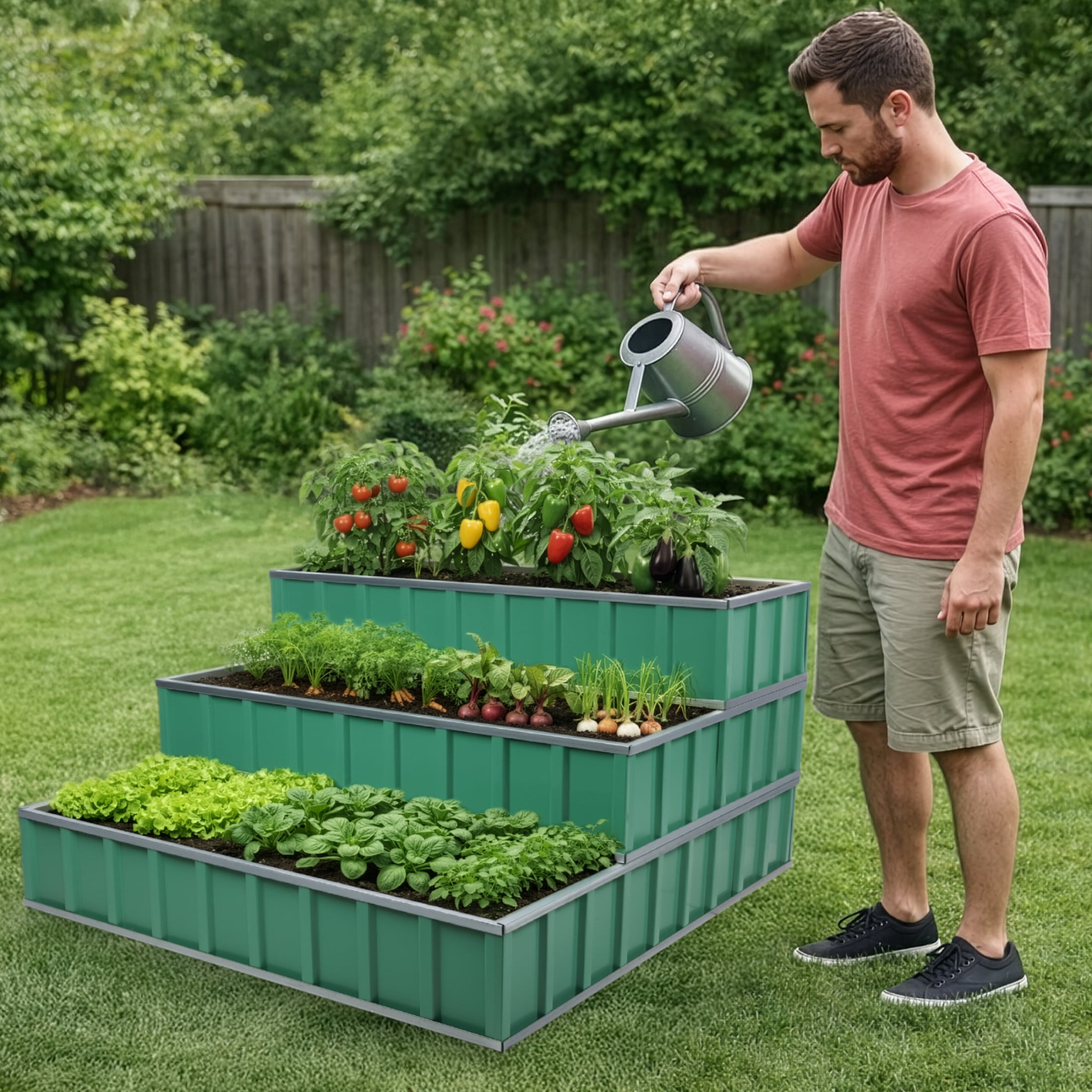 Pure Garden 3 Tier Raised Garden Bed - 45”x45”x24” Galvanized Steel Stackable Raised Beds, Green