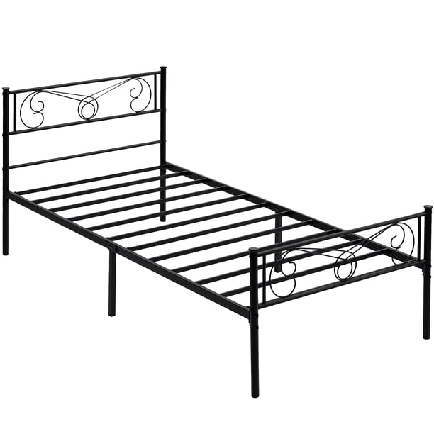 Cama individual de metal para niños con cabecero y piecero - Estructura resistente con lamas metálicas - Fácil montaje y almacenamiento bajo cama - Diseño silencioso - Negro, TWIN