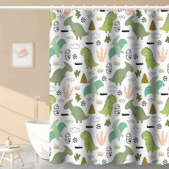 Baby Dinosaur Shower Curtains Funny Green Dino Print Pattern Tropical Wild Animals for Neutral Child Bathroom Decor Waterproof Polyester Fabric 72x72 Inch Shower Curtains Sets with Hooks