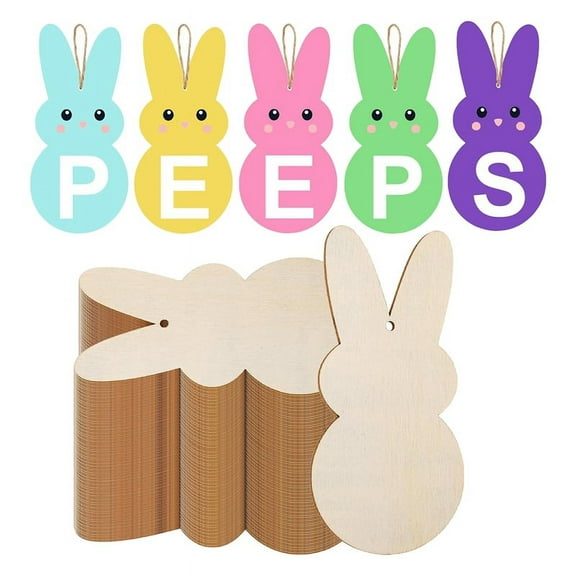 50 Pcs Easter Wooden Bunny Cutouts 7 Inch Unfinished Peep Bunny Wood Slices Rabbit Blank Hanging Ornaments Crafts Tags