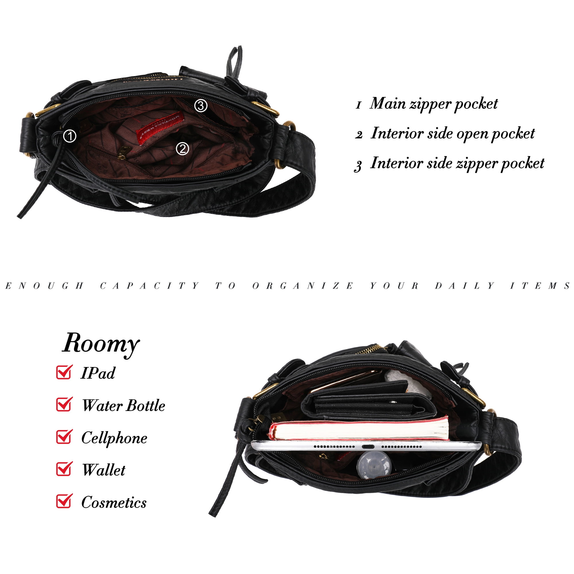 Montana West Crossbody Bag for Women Soft Washed Leather Multi Pocket Shoulder Purses, Black
