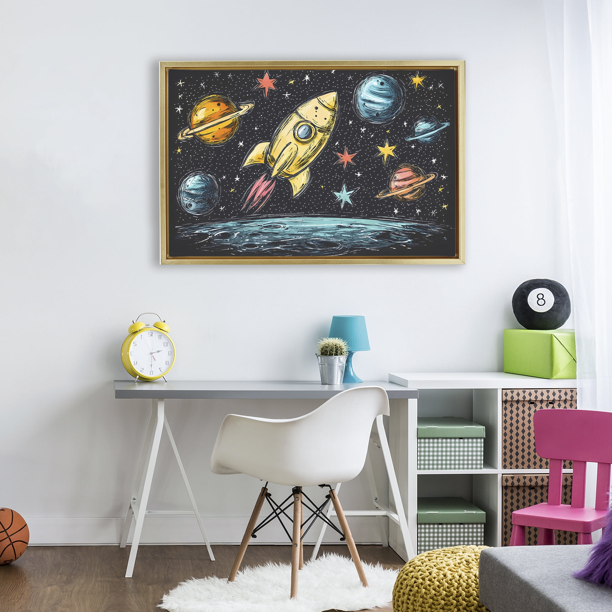 Stupell Industries Whimsical Rocket & Planets Gold Framed Floater Canvas Wall Art, design by Creative Studio
