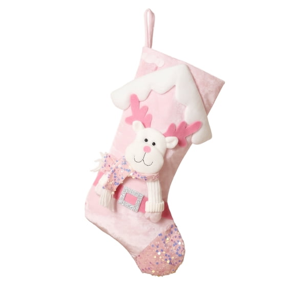 Large Pink Christmas Stocking with 3D Plush Reindeer Figure, 16.54in Xmas Hanging Ornament Shiny Gift Bag with Rope for Holiday and Party
