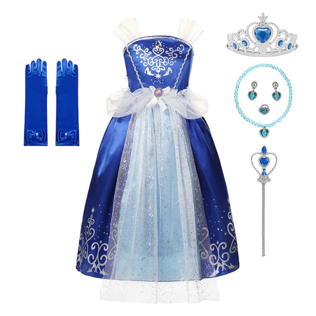 HAWEE Girls Cinderella Blue Princess Sparkle Dress, Halloween Birthday Party Outfit, with Accessories