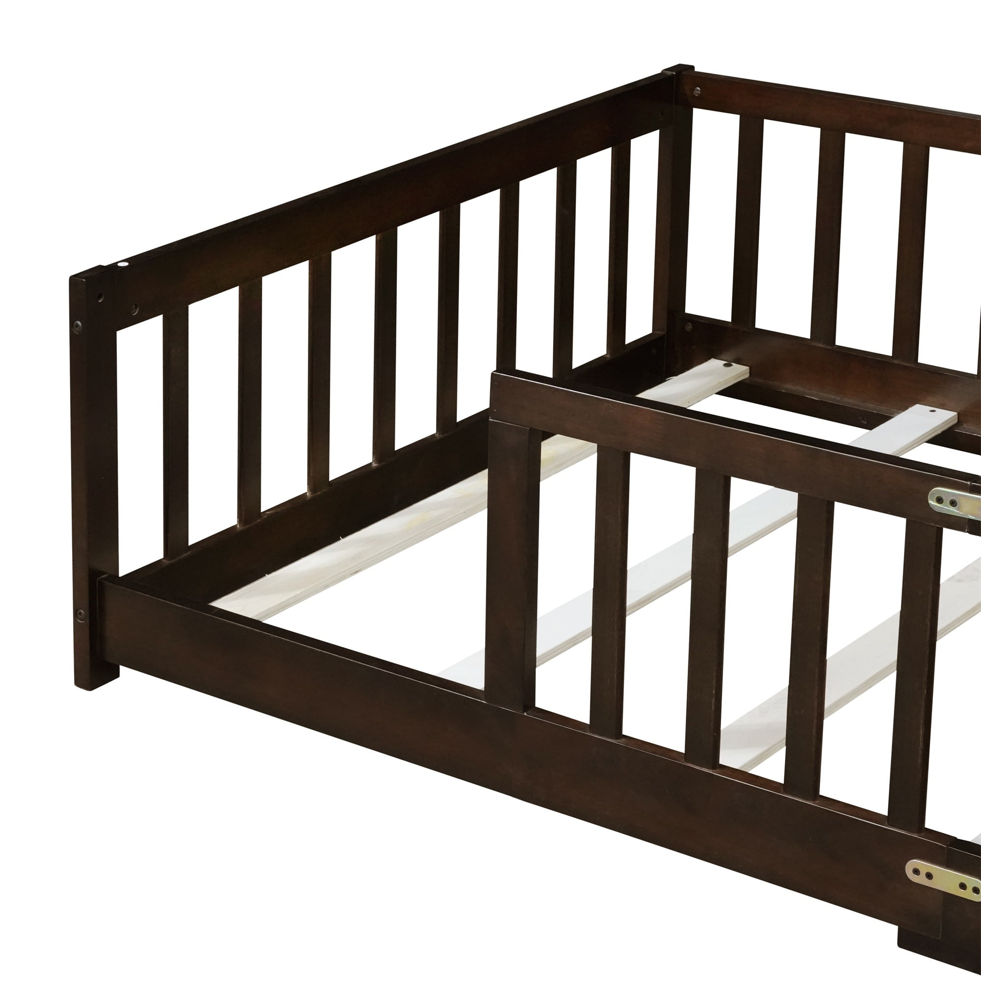 Alvantor Twin Size Floor Bed, Solid Wood Toddler Bed with Slat and Fence Guardrail, Montessori Floor Bed for Kids, Boys, Girls,Espresso