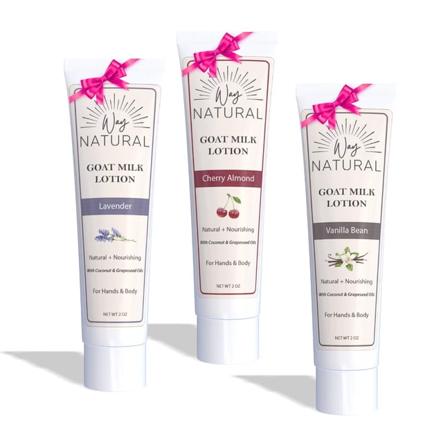 Way Natural Loción de leche de cabra variedad – Loción cremosa para manos y cuerpo para aliviar la piel seca – Crema de manos de leche de cabra real para mujeres y hombres – Loción de vainilla, cereza