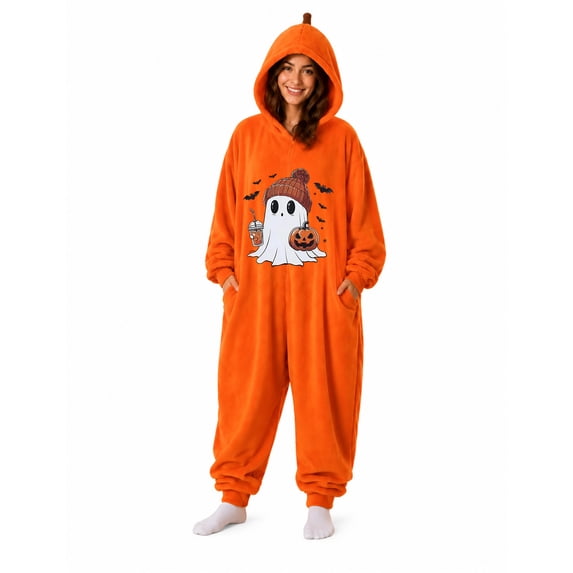 Halloween Pumpkin Ghost Onesie Adult Spooky Print Pajama Costume Flannel Hooded Jumpsuit, Plush Fleece Full Body Sleepwear for Couples Matching Fall Holiday Sleepwear