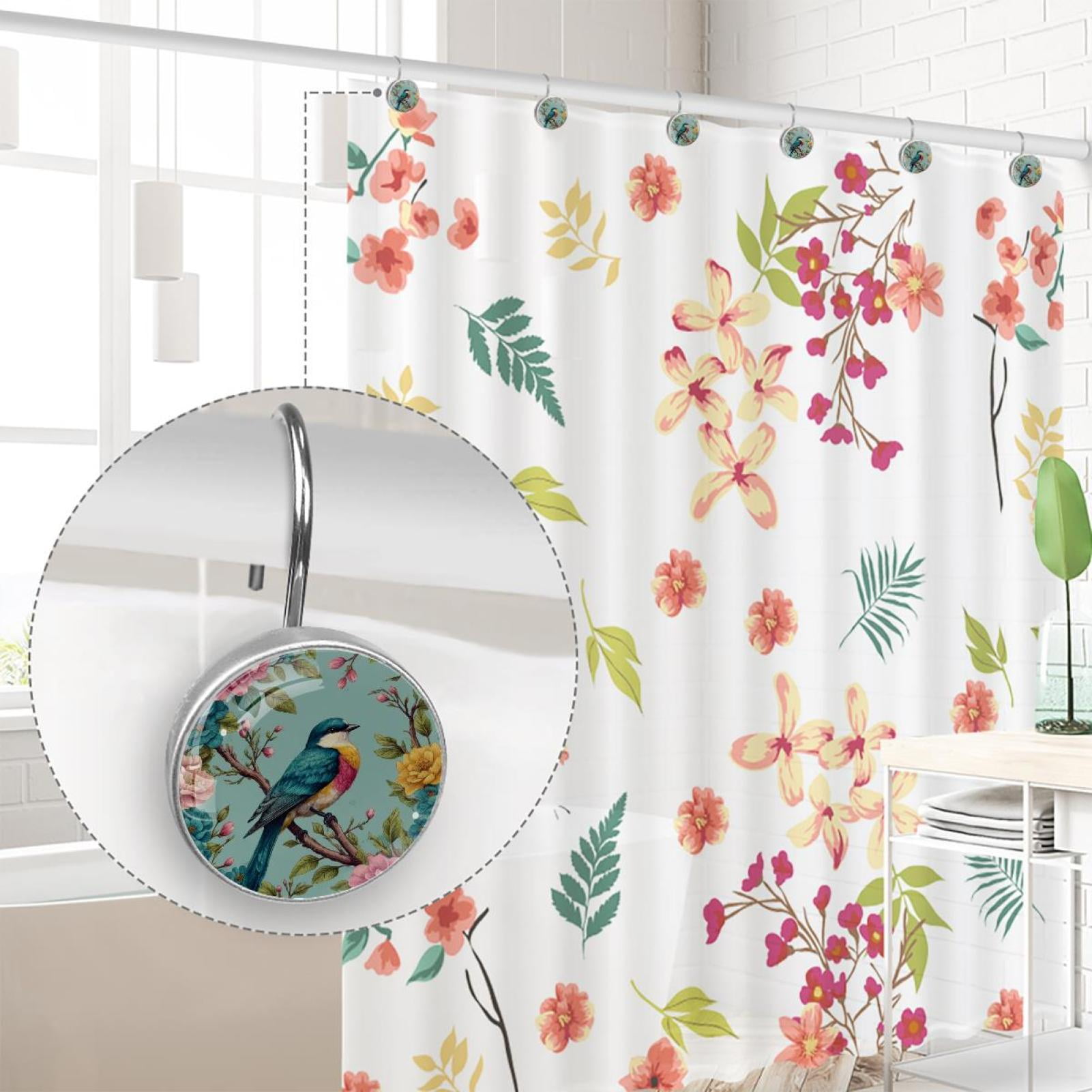 Imobaby 12 Pcs Metal Shower Curtain Hooks Rust Proof for Shower Curtain Liner - Colorful Flower Clusters Magpies