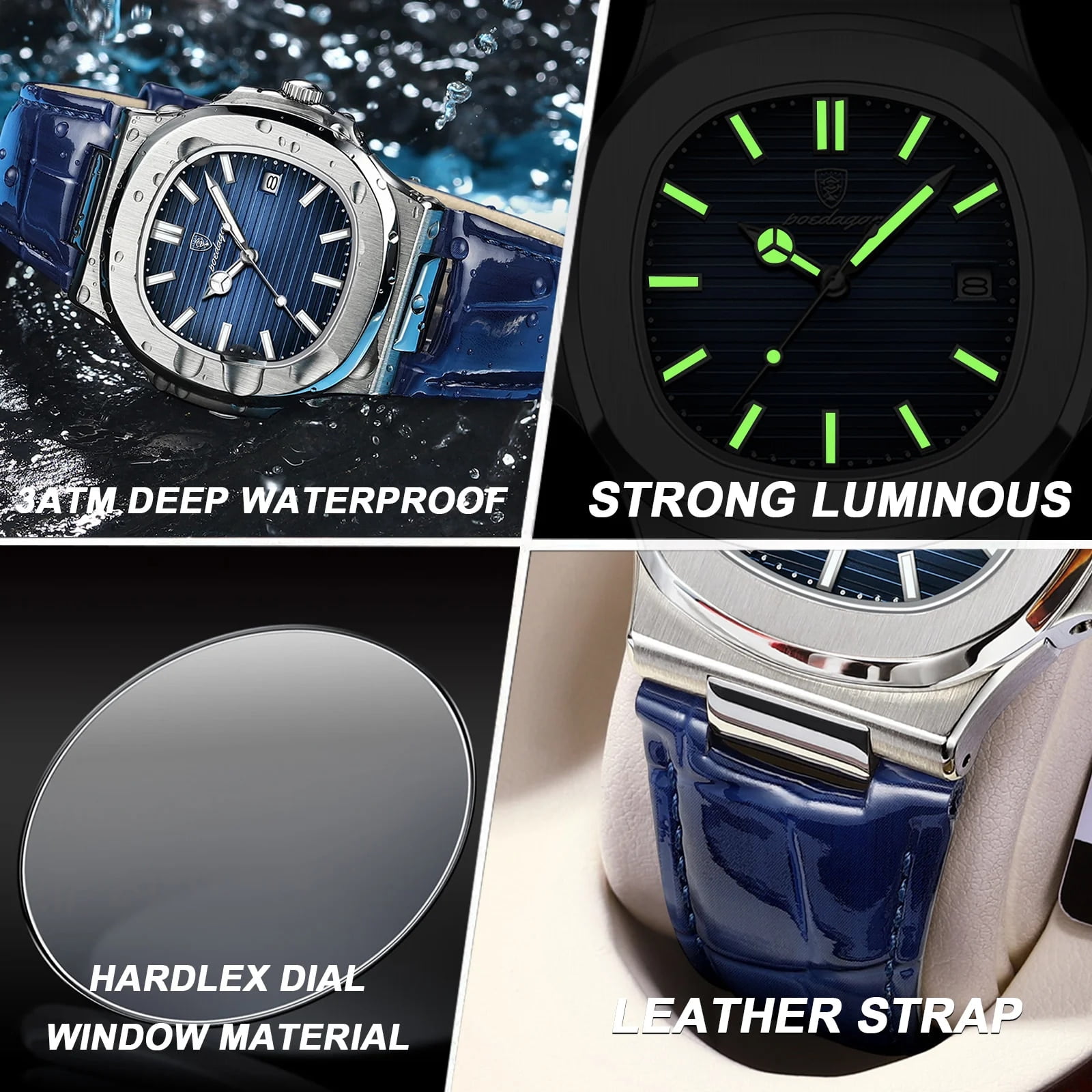 POEDAGAR New Luxury Quartz Watch for Men Leather belt Sports Waterproof Luminous Date Fashion Square Men's Watches