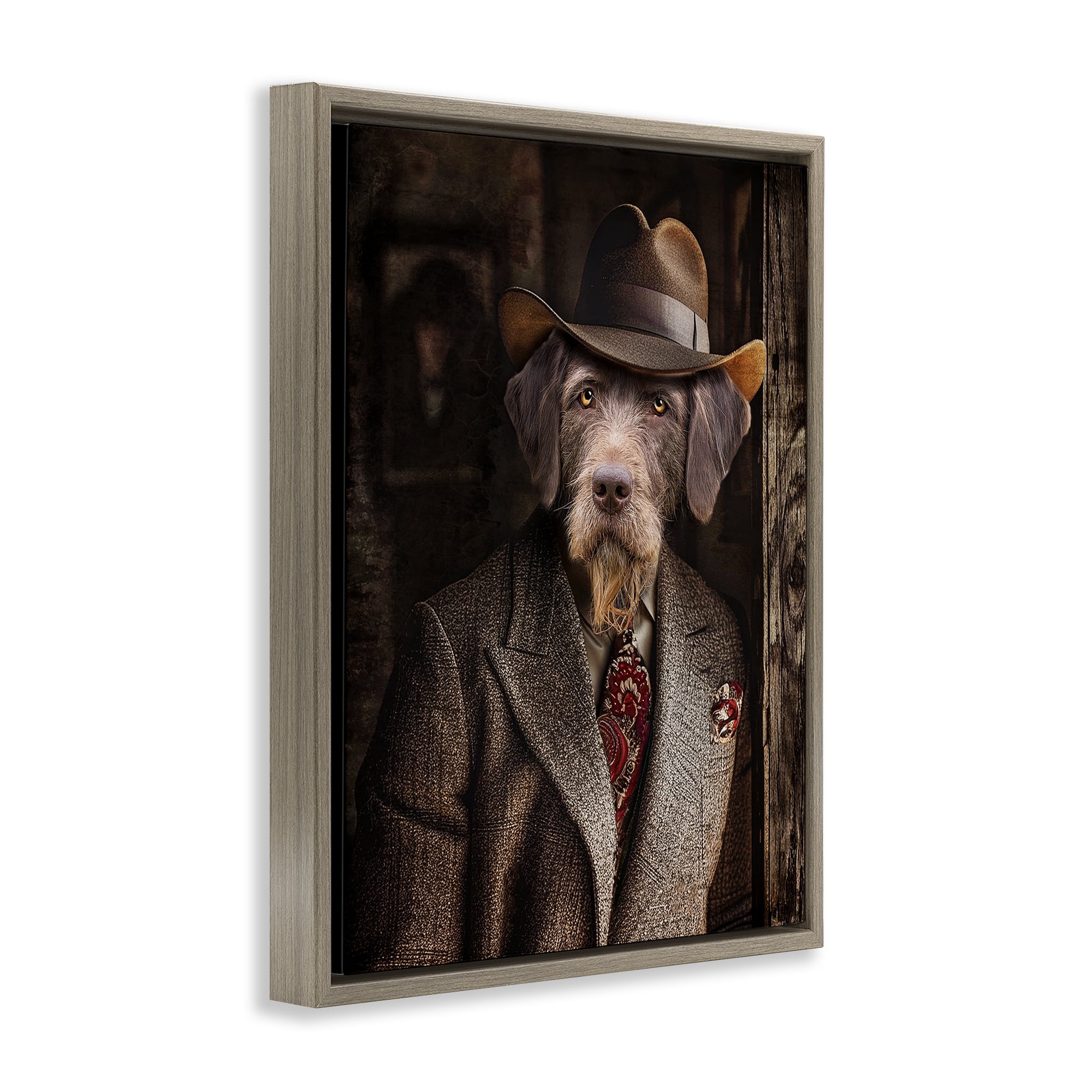 Stupell Industries Classic Dog in Suit Animals & Insects Painting Brown Floater Framed Canvas Art Print Wall Art, 17 x 21