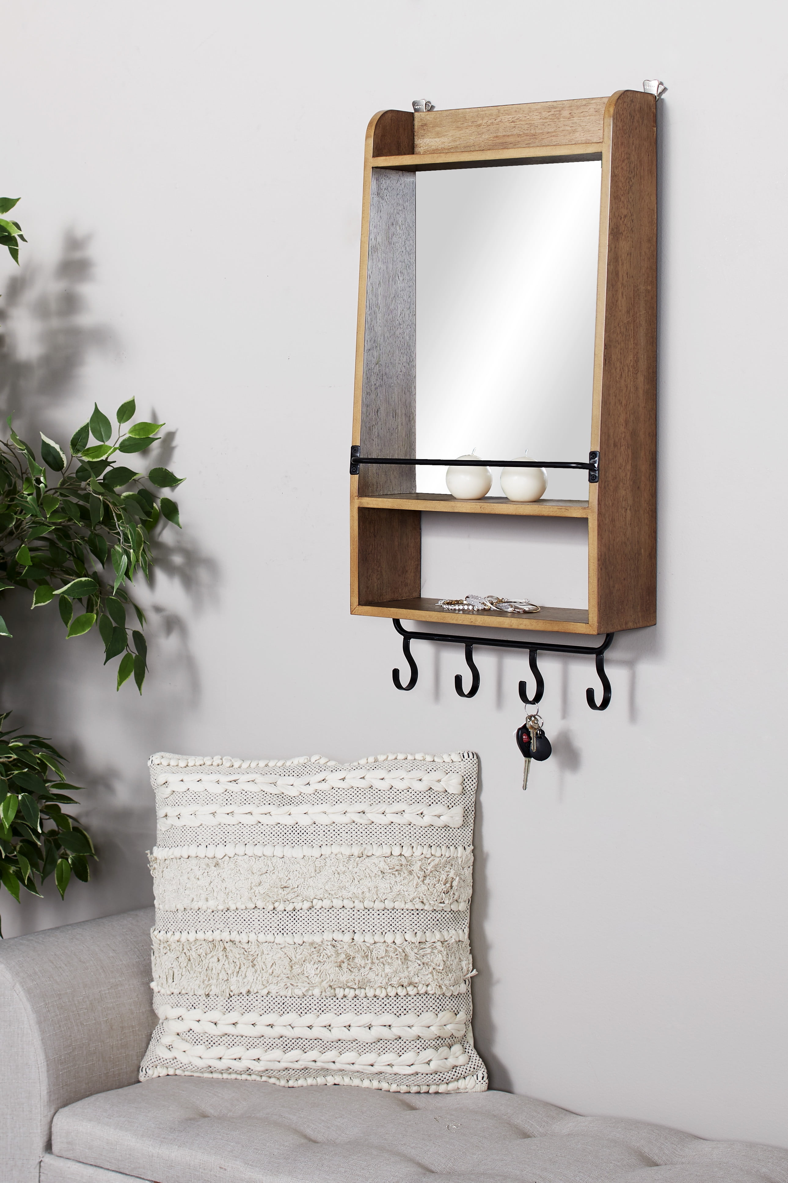 DecMode Rectangular Natural Wood Wall Mirror w/ Shelf & 4 Iron Hanging