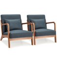 thumbnail image 2 of YODOLLA Mid-Century Linen Wood Faux Leather Solid Print Accent Armchair, Blue (Set of 2), 2 of 6