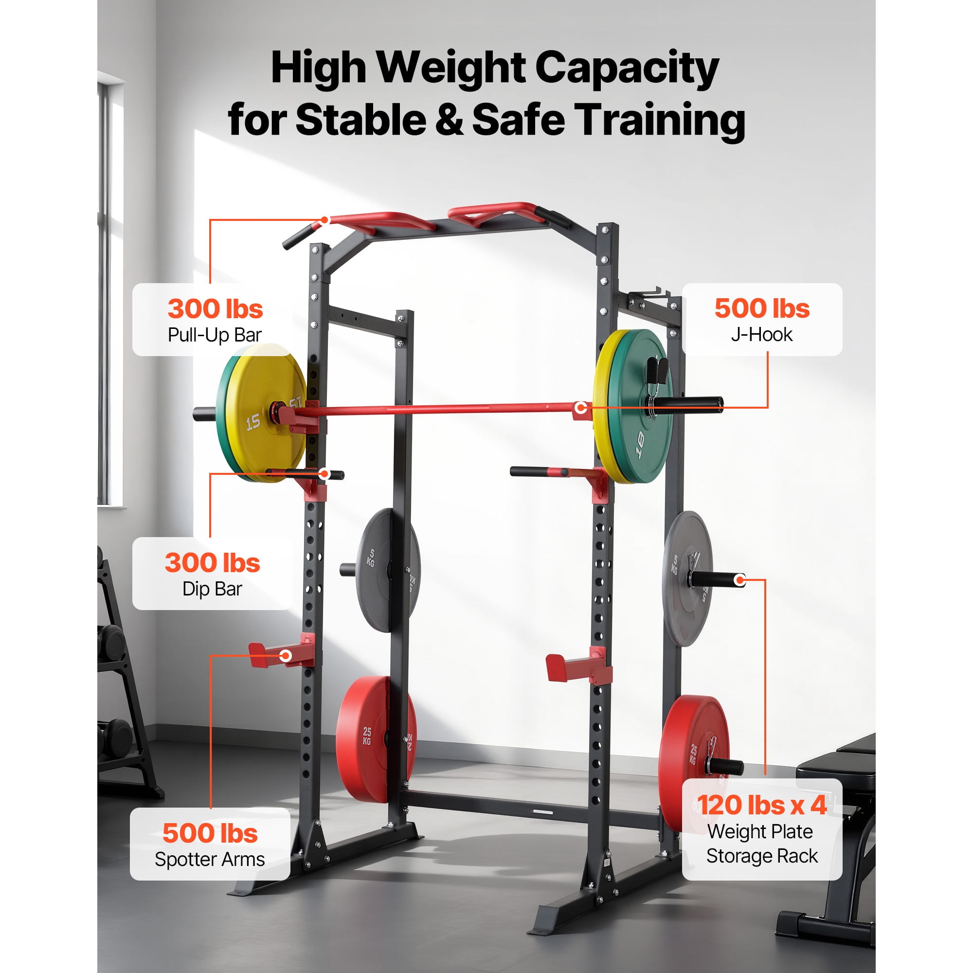 KFFKFF Multifunctional Power Cage Power Rack with Adjustable Height Exercise – 83.46 in, 100.53 lbs, Red