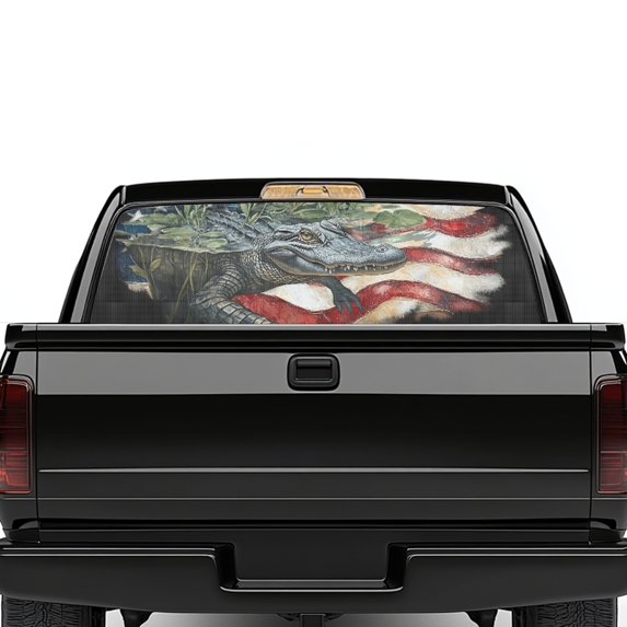 Uourmeti Alligator American Flag Perforated Vinyl Rear Window Decal Graphic, 66.9" x 22.4" Waterproof See-Through Sticker for Most Pickup Trucks