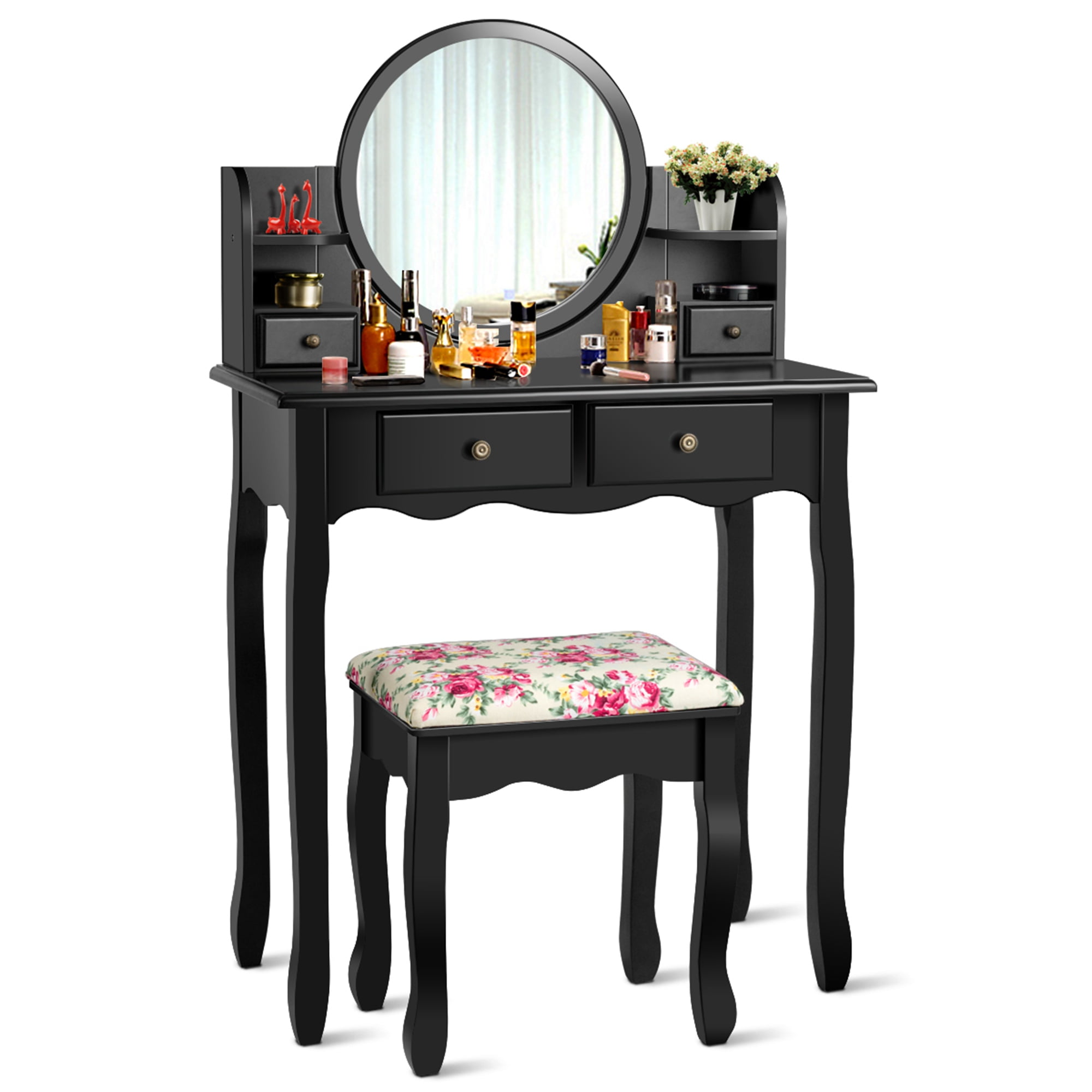 Makeup Vanity Table Set Girls Dressing Table with Drawers Oval Mirror Black costway
