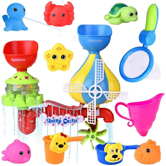 11 PCs Bath Toys for Toddlers 1HTOOQ 3, Kiddie Pool with Sea Animals Water Toys, Stackable Cups and Fishing Net Bathtub Toys - -