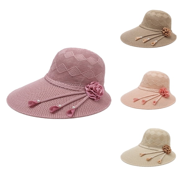 HuangHuanChen Womens Sun Visor Hat Floppy Straw Flower Packable Sun Visor Fashion Sun Visors for Women Summer Packable Ponytail Beach Hats for Women Travel UPF 50 Pink One Size