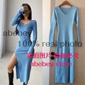 spring and winter sexy French slit sweater dress female slim tight-fitting hip-knit over-the-knee dressesS Gao Jinjia LED