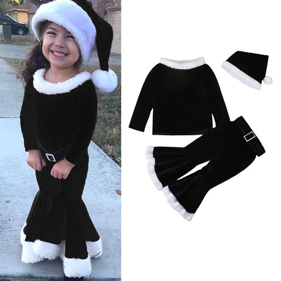 Baby Elf Outfit Long Sleeve Top Flare Pants and Hat Set Party Outfit Toddler Girl Christmas Outfit 1-2 Years
