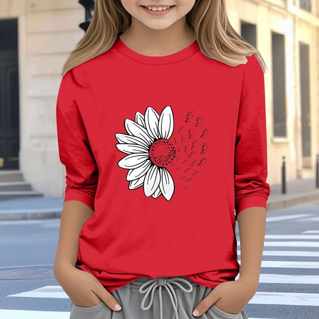 Blusas y camisas de cuello redondo y manga larga para niños, blusas/camisas de poliéster con estampado de corazones, mangas 3/4 y cuello redondo, elegantes e informales.