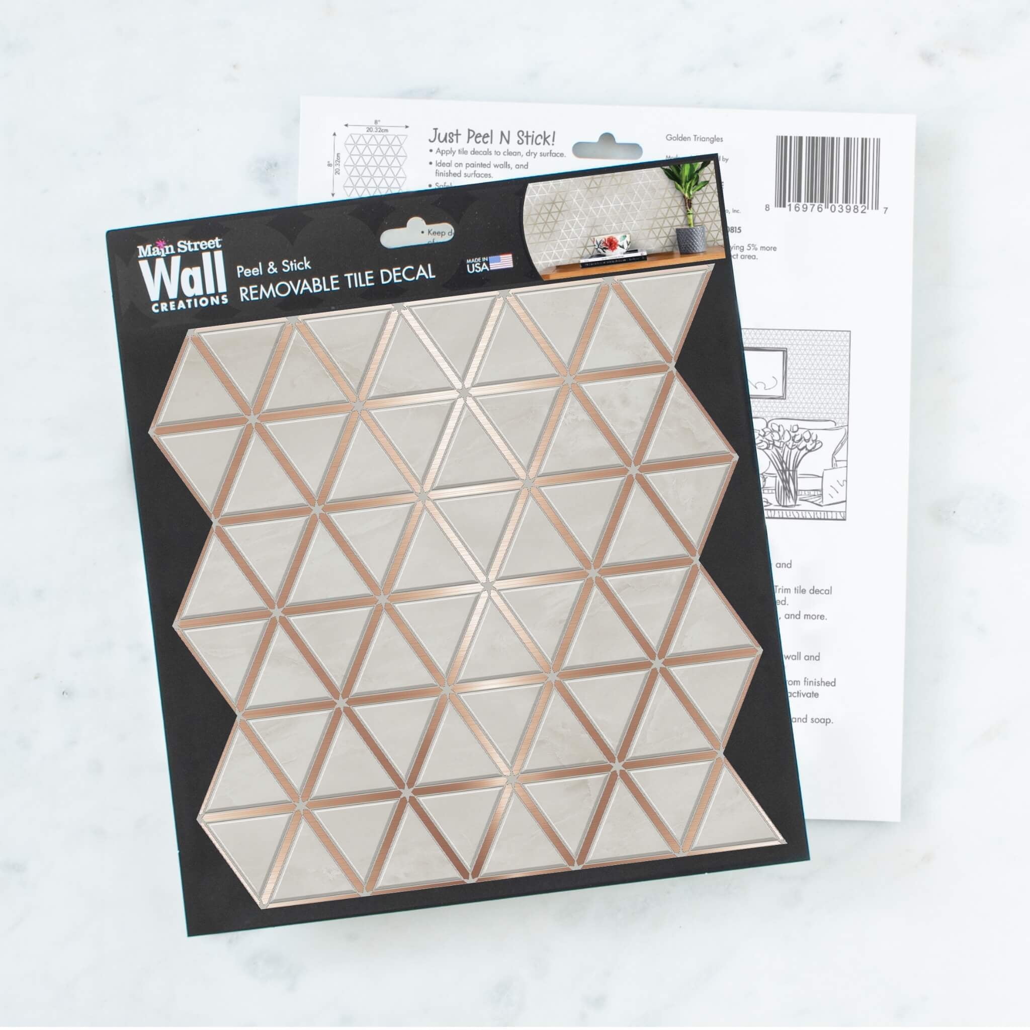 Main Street Peel & Stick Wallpaper Tiles, Rose Gold Triangle, 8 in x 8 in, 24 Pack, Self Adhesive Wall Tiles for Kitchen Backsplash and Home Decor