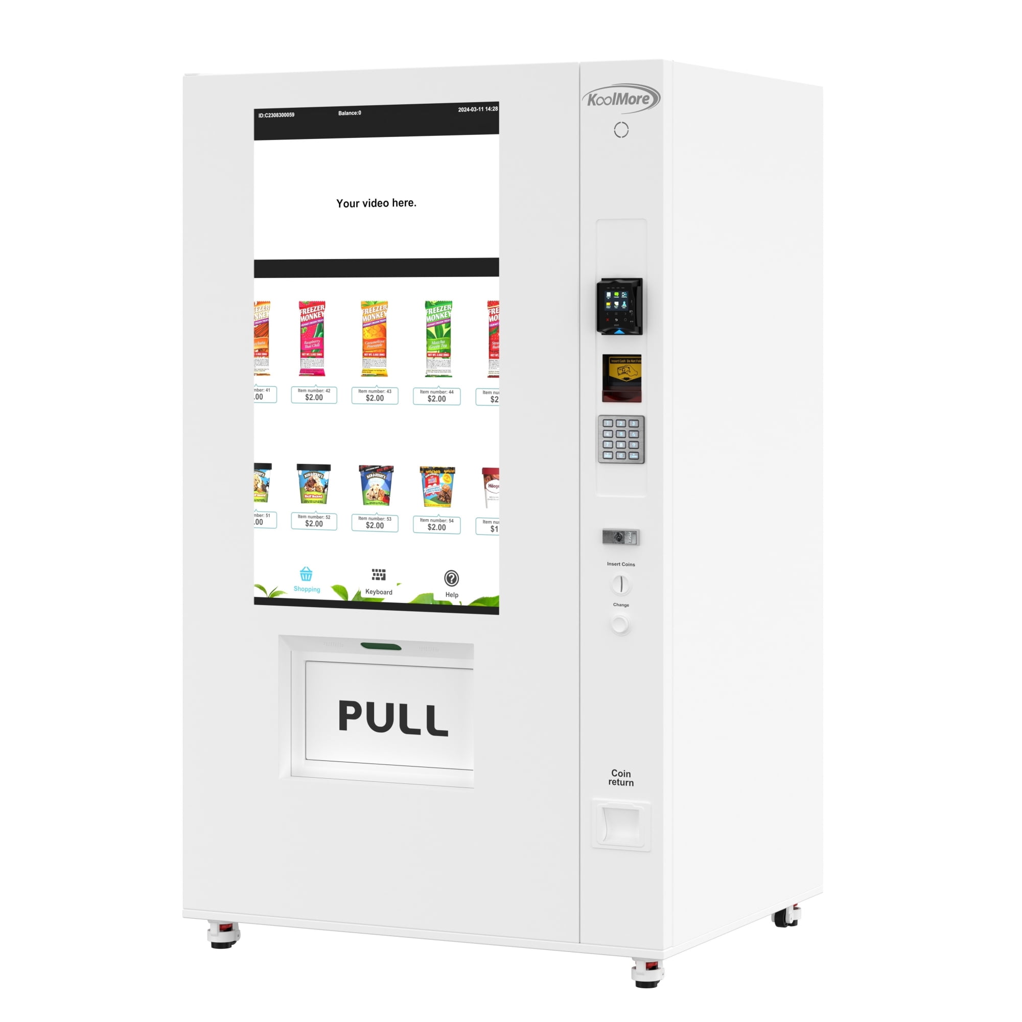 Freezer Ice Cream Vending Machine In White With 44 Slots Featuring Ample 49 Inch Touch Display, Bill Acceptor, Credit Card Reader, Wifi and 4G Connectivity