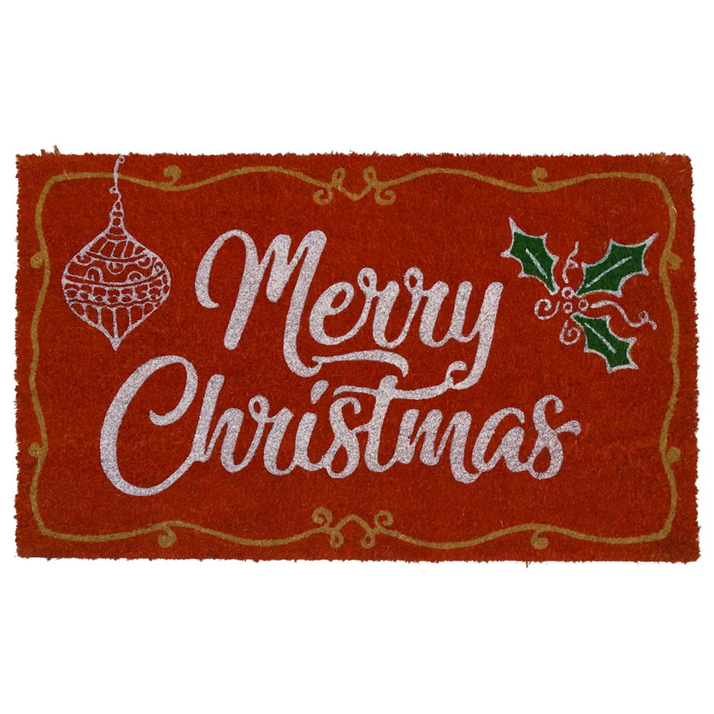 Merry Christmas Holly Coir Doormat Holiday Natural Fabric Outdoor 18" x