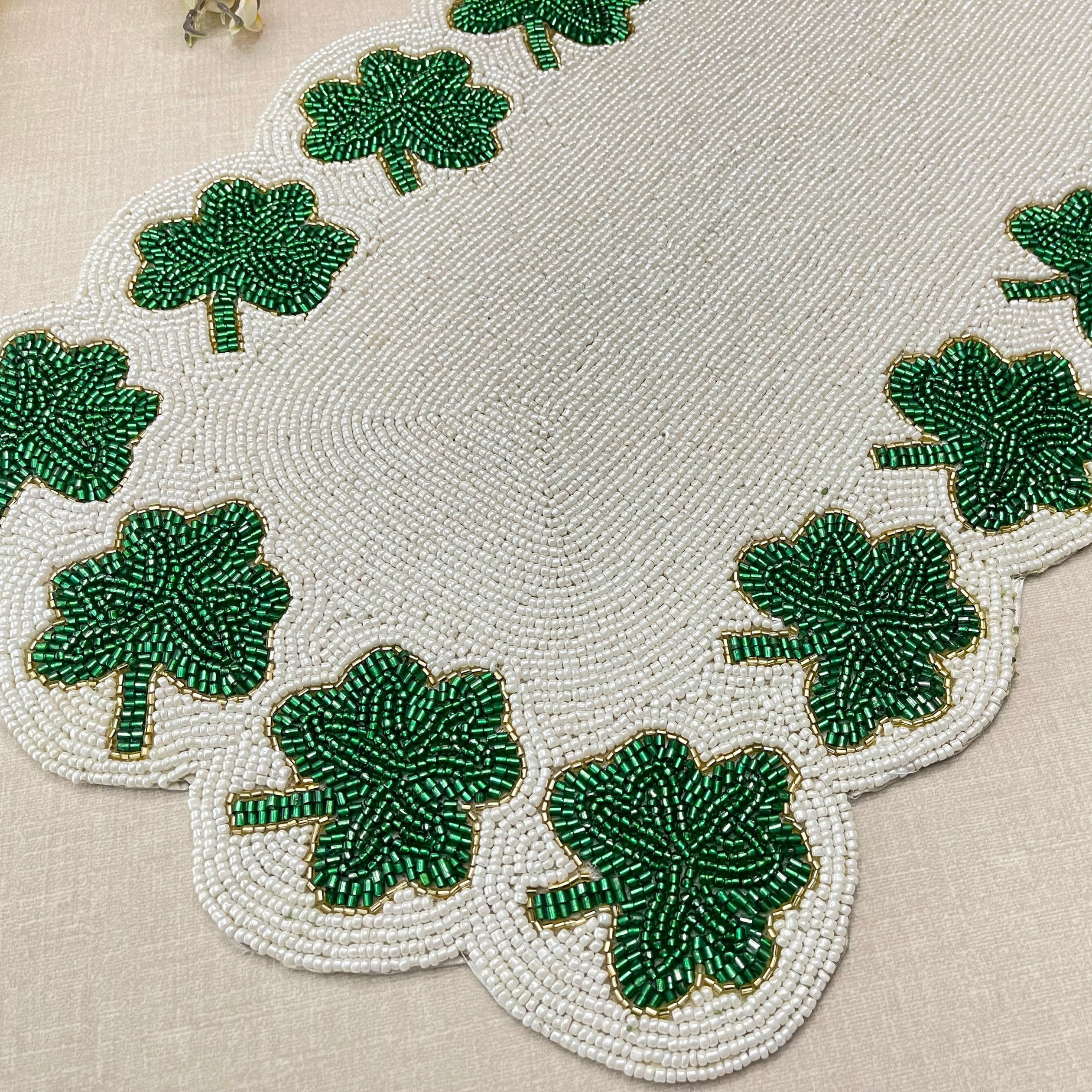 Handmade table runner, Clover Leaf / Shamrock hand beaded runner, Green 13x36inch
