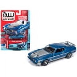 Auto World 1:64 Scale 1972 Ford Mustang Mach 1 Blue Poly with Silver Stripes Vintage Muscle Diecast Car