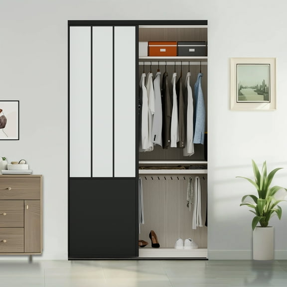 JUBEST 48"x80" Frosted Safety Glass Full Lite Powder Coated Black Steel Framed Sliding Closet Doors With Installation Hardware Kit