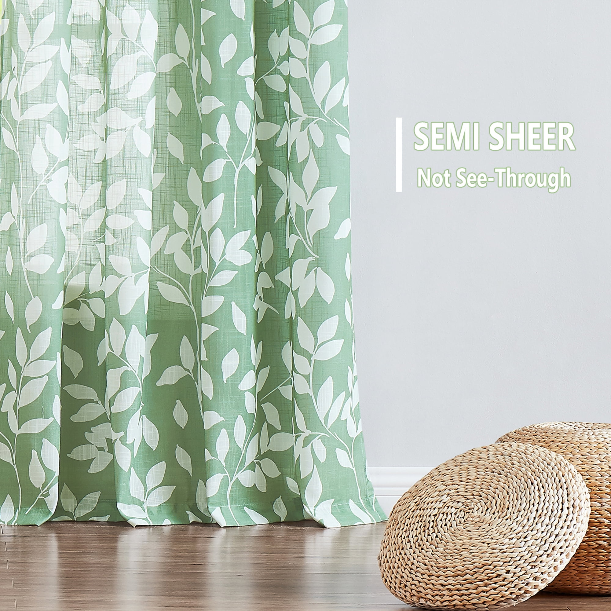 Exultantex Leaf Print Sheer Curtain with Grommets - W55"×L95", Green, Sheer Fabric，Set of 2