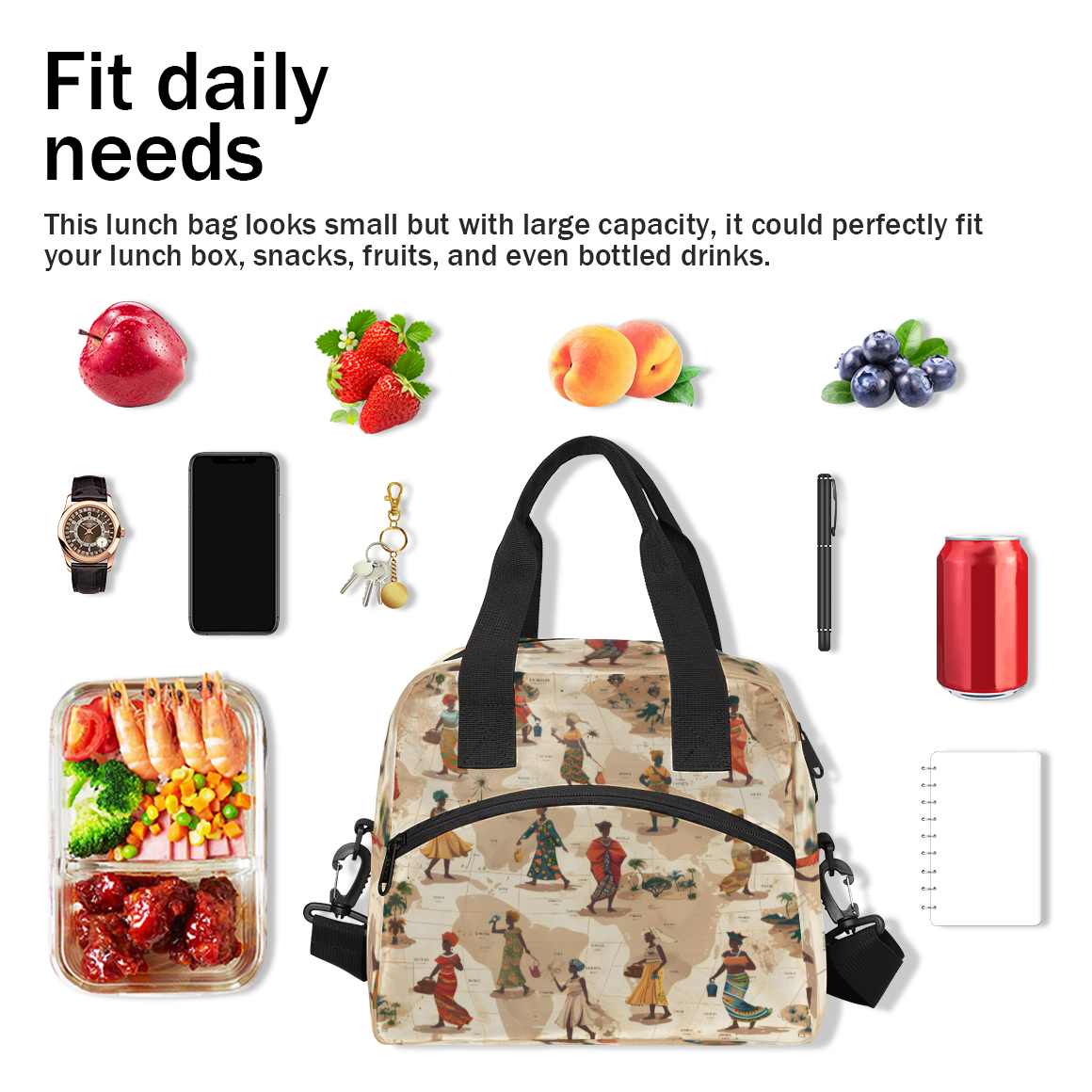 Herdesigns African American Insulated Lunch Bag for Women Men Adults Large Reusable Lunch Box Black Woman Leakproof Cooler Tote Bags with Adjustable Shoulder Strap