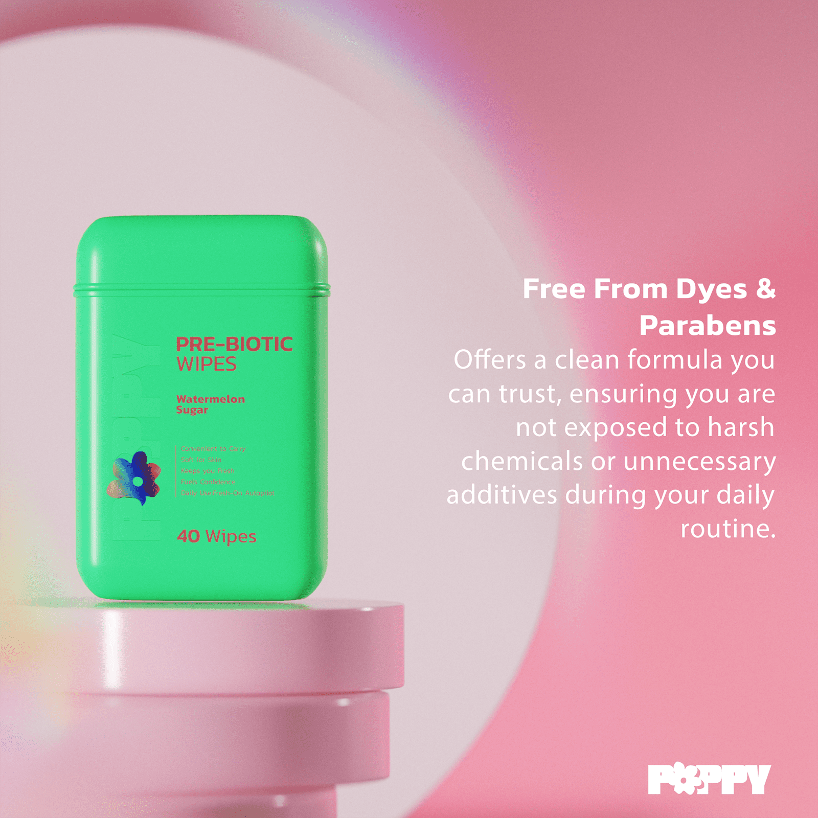 Poppy Pre-Biotic Feminine Hypoallergenic Wipes for Women, Personal Care To-Go Wipes, Watermelon Sugar Scent, 40 Count